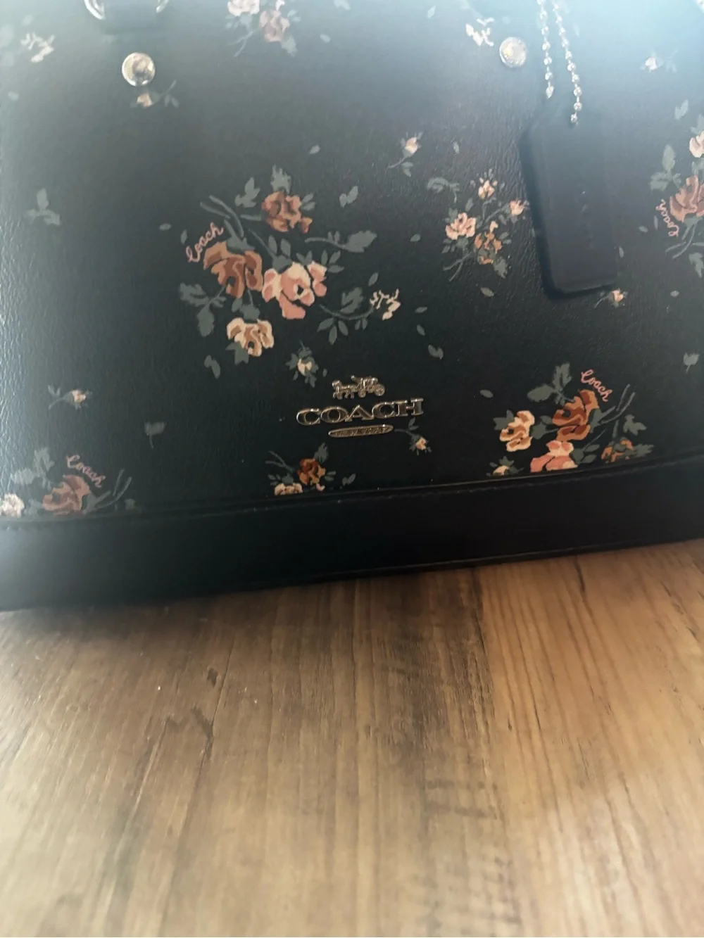 Structured Floral Dome Satchel Handbag - Blue with Pink Floral Print